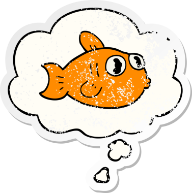 Düşünce baloncuklu karikatür balığı insan tarafından çizilmiş yıpranmış bir çıkartma gibi.