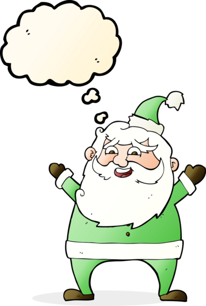 Düşünce baloncuğu çizilmiş neşeli Noel Baba çizgi filmi