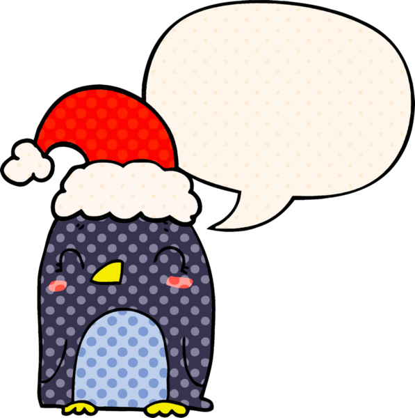 Bir insan tarafından çizilmiş çizgi roman tarzında konuşma balonu olan şirin bir Noel pengueni.