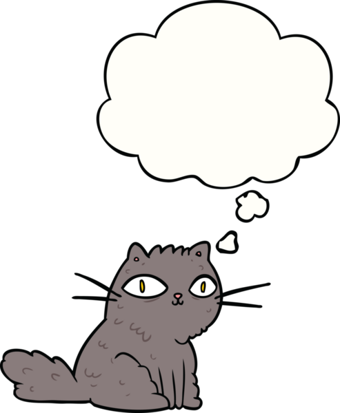 Bir insan tarafından çizilmiş düşünce kabarcığı olan çizgi film kedisi.