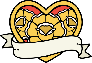 Geleneksel kalp şeklinde dövme ve bir insan tarafından çizilmiş çiçekli pankart.