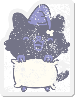 Bir insan tarafından çizilmiş yastık grunge çıkartmalı yorgun çizgi film kedisi.