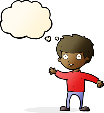 Bir insan tarafından çizilmiş düşünce balonu olan mutlu çocuk çizgi filmi.