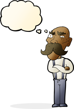 Bir insan tarafından çizilmiş düşünce baloncuğu olan kızgın yaşlı bir adam.