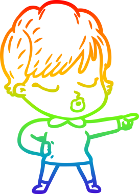 Gökkuşağı gradyan çizgi çizimi bir insan tarafından çizilmiş gözleri olan bir karikatür kadın