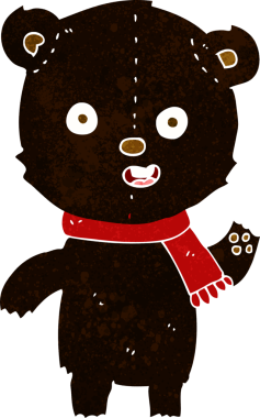 Bir insan tarafından çizilmiş eşarplı siyah ayı yavrusunu sallayan çizgi film