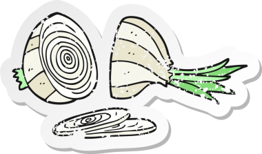 Bir insan tarafından çizilmiş dilimlenmiş soğanın retro depresif yapıştırması.