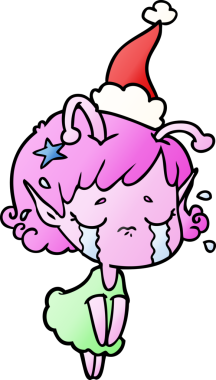 Bir insan tarafından çizilmiş Noel Baba şapkası giymiş ağlayan bir uzaylı kızın el çizimi karikatürü.