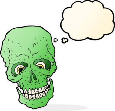 Bir insan tarafından çizilmiş düşünce baloncuklu garip kafatası.