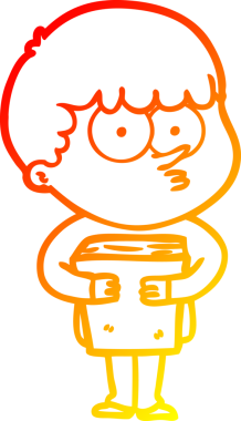 Bir çizgi film karakteri, elinde bir insan tarafından çizilmiş bir kitap tutan meraklı bir çocuk çizimi.