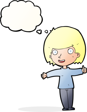 Bir insan tarafından çizilmiş düşünce balonlu mutlu kadın çizgi filmi.