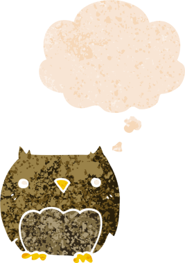 Bir insan tarafından çizilmiş grunge sıkıntılı retro biçimli düşünce baloncuğu ile sevimli çizgi film baykuşu