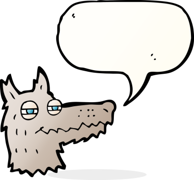 bir insan tarafından çizilmiş konuşma balonlu kendini beğenmiş kurt yüzü.