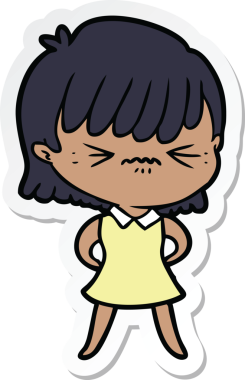 Bir insan tarafından çizilmiş kızgın bir çizgi film kızına ait etiket.