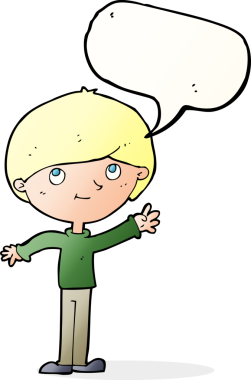 Bir insan tarafından çizilmiş konuşma balonu olan mutlu bir çocuk.