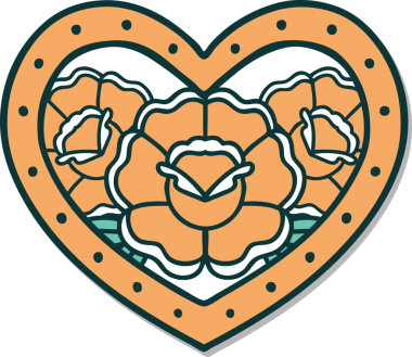 Geleneksel kalp stili dövme çıkartması ve bir insan tarafından çizilmiş çiçekler.