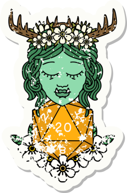 Bir insan tarafından çizilmiş 20 zarlı yarım ork Druid etiketi.