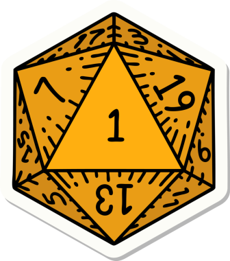 Bir insan tarafından çizilmiş doğal 1 D20 zar etiketi.