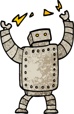 Grunge desenli çizim karikatür dev robot bir insan tarafından çizildi.