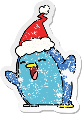 Bir insan tarafından çizilmiş kawaii pengueninin sıkıntılı yılbaşı çıkartması.