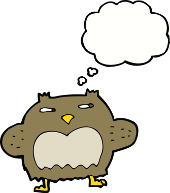 Bir insan tarafından çizilmiş düşünce baloncuklu şüpheli baykuş çizgi filmi.