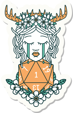 Ağlayan bir Elf Druid karakterinin çıkartması. İnsan tarafından çizilmiş doğal bir D20 ruloyla.