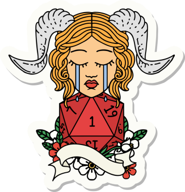 Ağlama etiketi, bir insan tarafından çizilmiş doğal bir D20 rulo ile bağlanıyor.