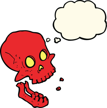 Bir insan tarafından çizilmiş düşünce baloncuklu gülen kafatası.