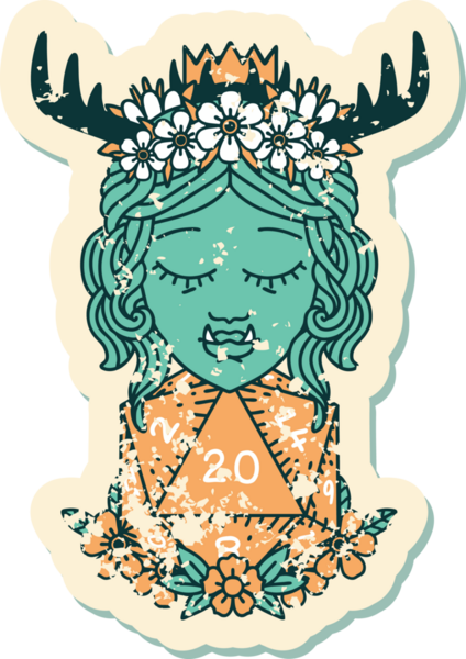 Retro Dövme Biçimi Yarı Ork Druid Bir insan tarafından çizilmiş 20 zar ile