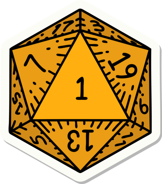 Bir insan tarafından çizilmiş doğal 1 D20 zar etiketi.