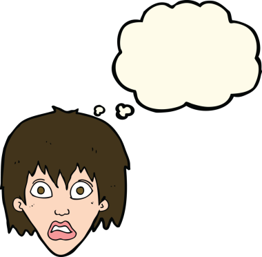 Bir insan tarafından çizilmiş düşünce baloncuğu olan korkmuş bir karikatür.