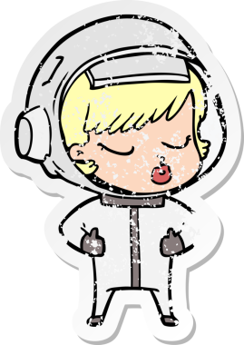 Bir karikatür çıkartması. Bir insan tarafından çizilmiş güzel astronot kız.