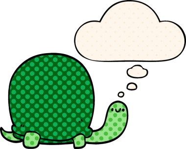 Çizgi roman tarzında bir insan tarafından çizilmiş düşünce baloncuğu olan sevimli bir karikatür kaplumbağa.