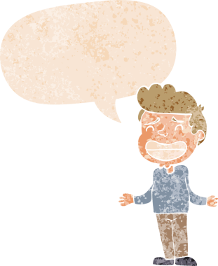 Çizgi filmci çocuk, grunge 'da konuşma baloncuğuyla omuz silkiyor.