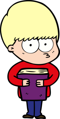 Sinirli çizgi film çocuğu elinde bir insan tarafından çizilmiş bir kitap tutuyor.