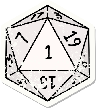 Bir insan tarafından çizilmiş 1 D20 zarının grunge sticker 'ı
