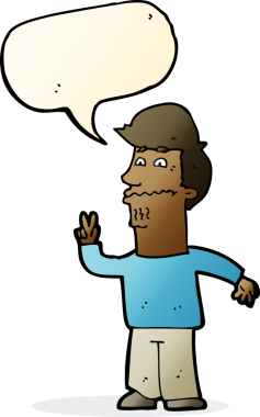 Bir insan tarafından çizilmiş konuşma balonuyla barış işareti yapan çizgi film adamı.