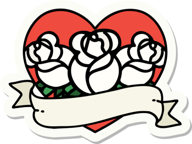 Geleneksel kalp stili dövme çıkartması ve bir insan tarafından çizilmiş çiçekli pankart.