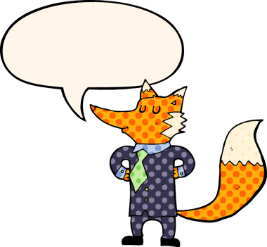 Çizgi roman tarzında konuşan tilki iş adamı bir insan tarafından çizilmiş.