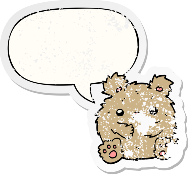 Konuşma baloncuğu olan sevimli çizgi film ayısı bir insan tarafından çizilmiş sıkıntılı eski bir çıkartma