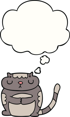 Bir insan tarafından çizilmiş düşünce baloncuklu şirin çizgi film kedisi.