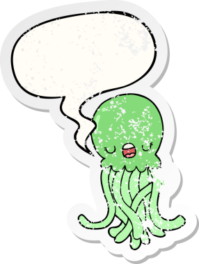 Konuşma baloncuklu çizgi film denizanası bir insan tarafından çizilmiş sıkıntılı eski bir çıkartma