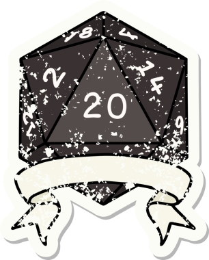 Bir insan tarafından çekilen 20 kritik vuruşluk D20 zar atımının grunge çıkartması.