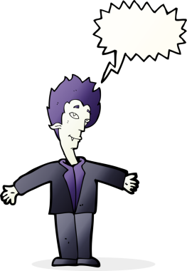 Bir insan tarafından çizilmiş konuşma balonlu mutlu vampir çizgi filmi.