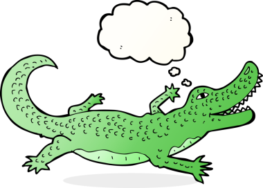 Bir insan tarafından çizilmiş düşünce baloncuklu timsah çizgi filmi.