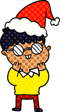 Bir insanın çizdiği Noel Baba şapkası takan gözlüklü bir çocuğun el çizimi çizgi roman tasviri.