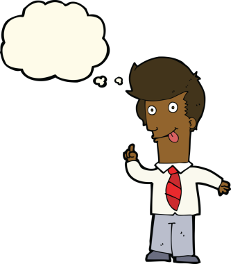 Bir insan tarafından çizilmiş düşünce baloncuğuyla çılgın bir fikri olan bir ofis adamı.