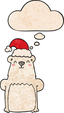 Bir insan tarafından çizilmiş grunge desenli düşünce baloncuklu noel şapkası takan çizgi film ayısı.