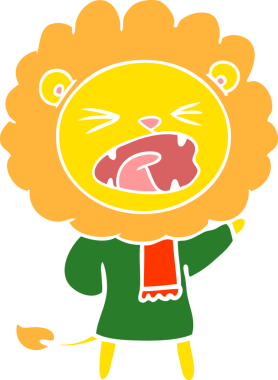 Düz renkli çizgi film aslanı. Bir insan tarafından çizilmiş kışlık elbiseler.