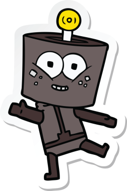 Bir insan tarafından çizilmiş mutlu robot çizgi film çıkartması.